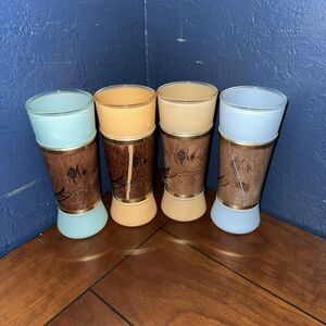 Vintage MCM Siesta Ware Tiki Bar Glasses Mahogany Wood Wrapped Set Of 4